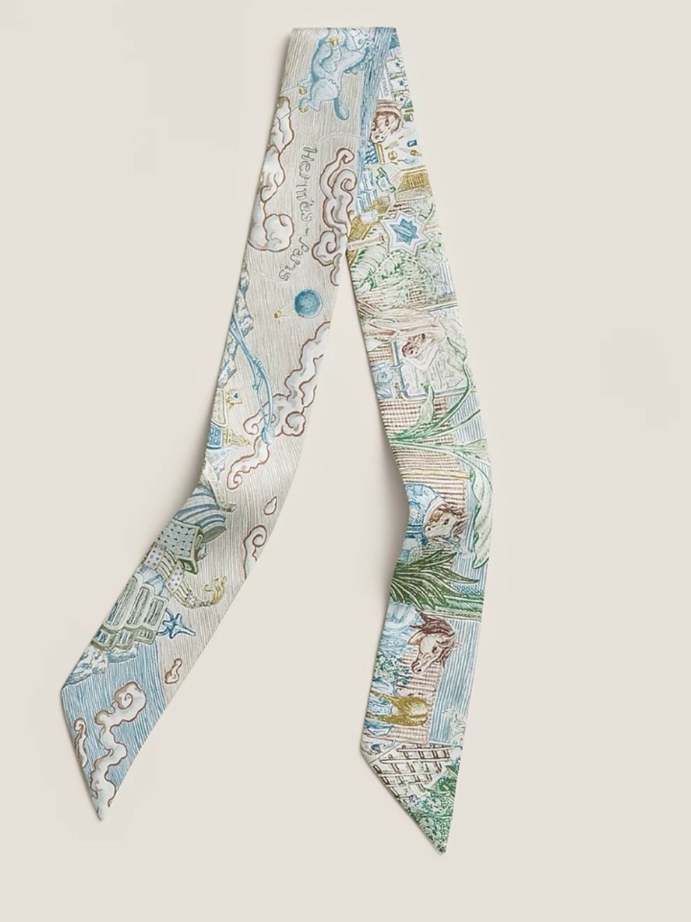 Hermes Pale Blue, Green and Cream Silk Twilly Scarf City of Lights